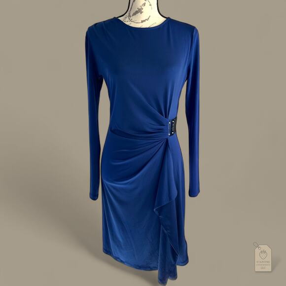 Michael Kors | Blue Long Sleeve Draped Stretch Dress - M - Picture 2 of 8
